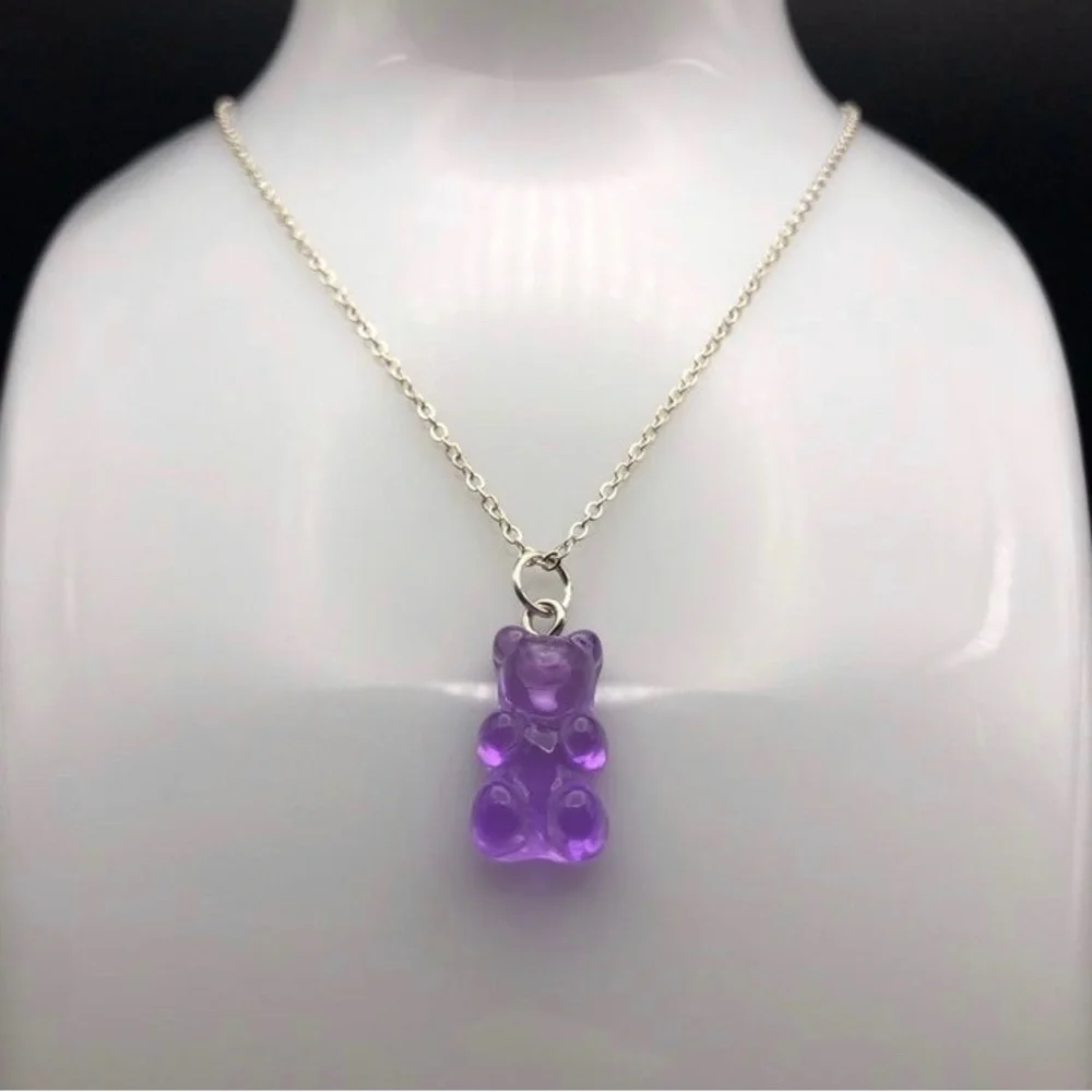 Purple teddy bear girls necklace